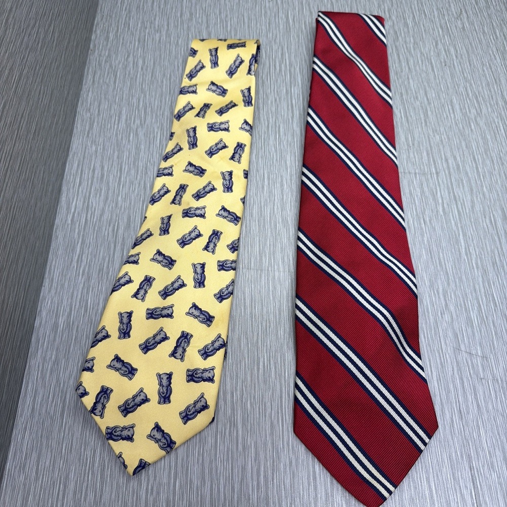 Silk Elephant Print Tie & Red Striped Tie Lot of 2 Preppy Novelty Neckties